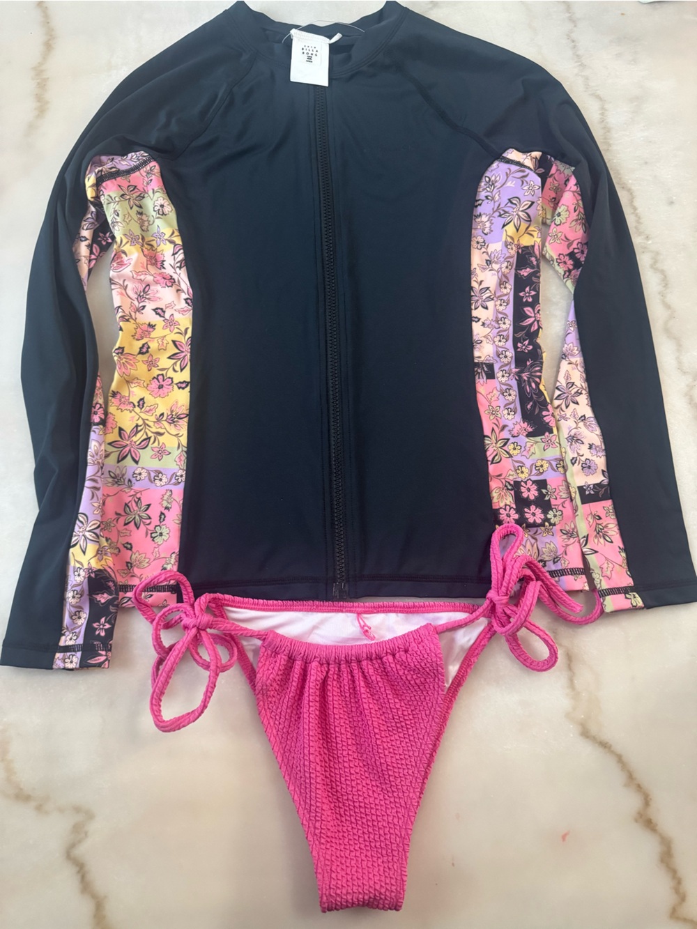 Women’s Black Rash Guard with Pink Floral Panels & Pink Bikini Bottom